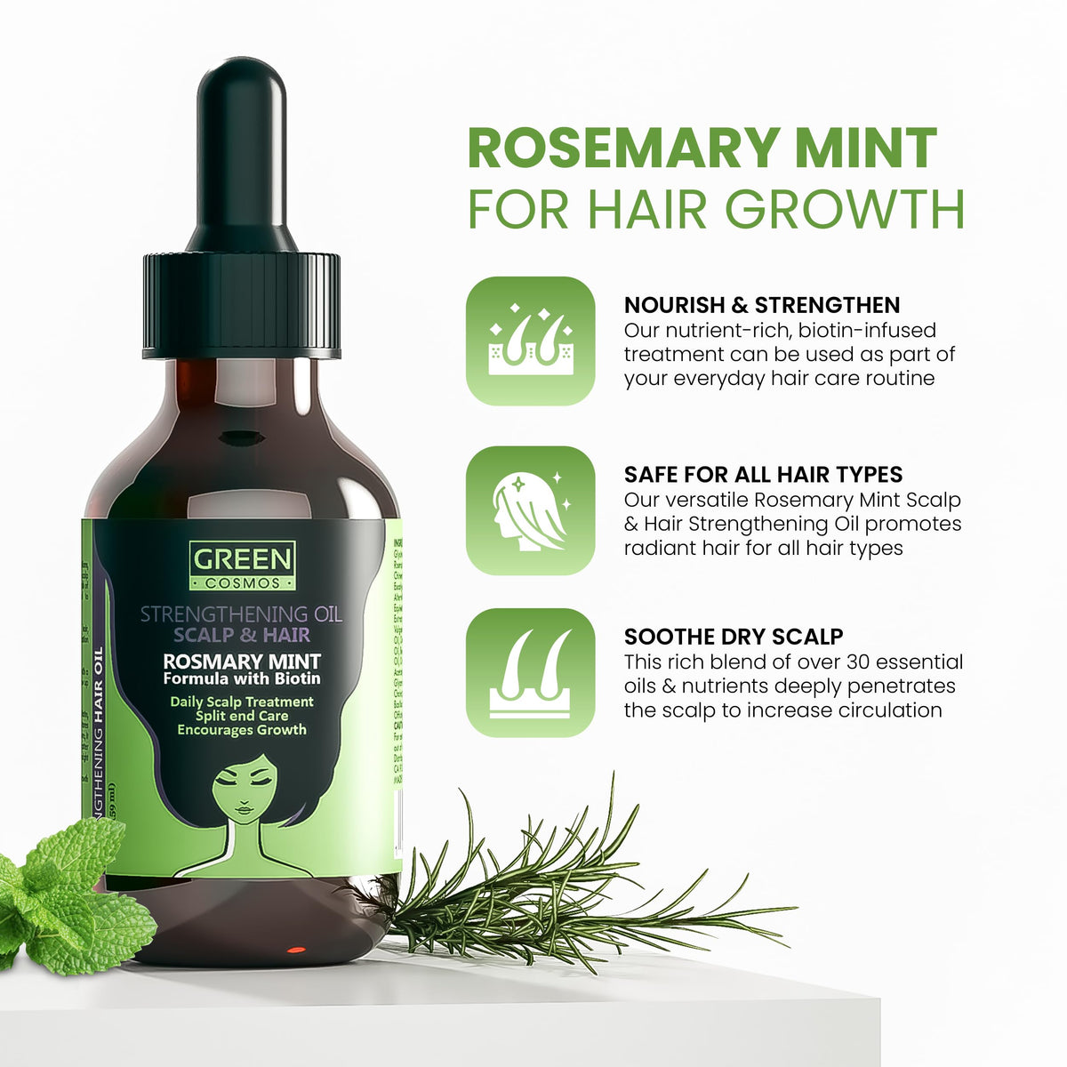 Green Cosmos oil texture on hand highlighting lightweight, non-greasy absorption