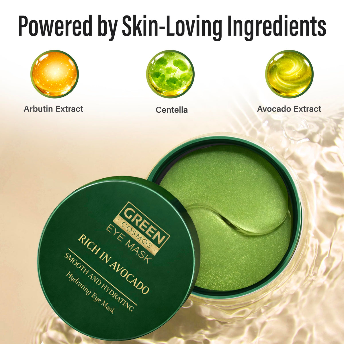 Model wearing Green Cosmos under-eye mask, showing immediate cooling refresh benefit