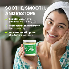 Green Goo rosehip and aloe display emphasizing calming, restorative botanicals