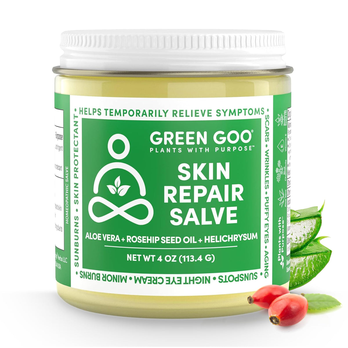 Green Goo 4 oz jar in hand for size comparison and travel-friendly benefit
