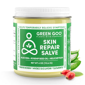 Green Goo 4 oz jar in hand for size comparison and travel-friendly benefit