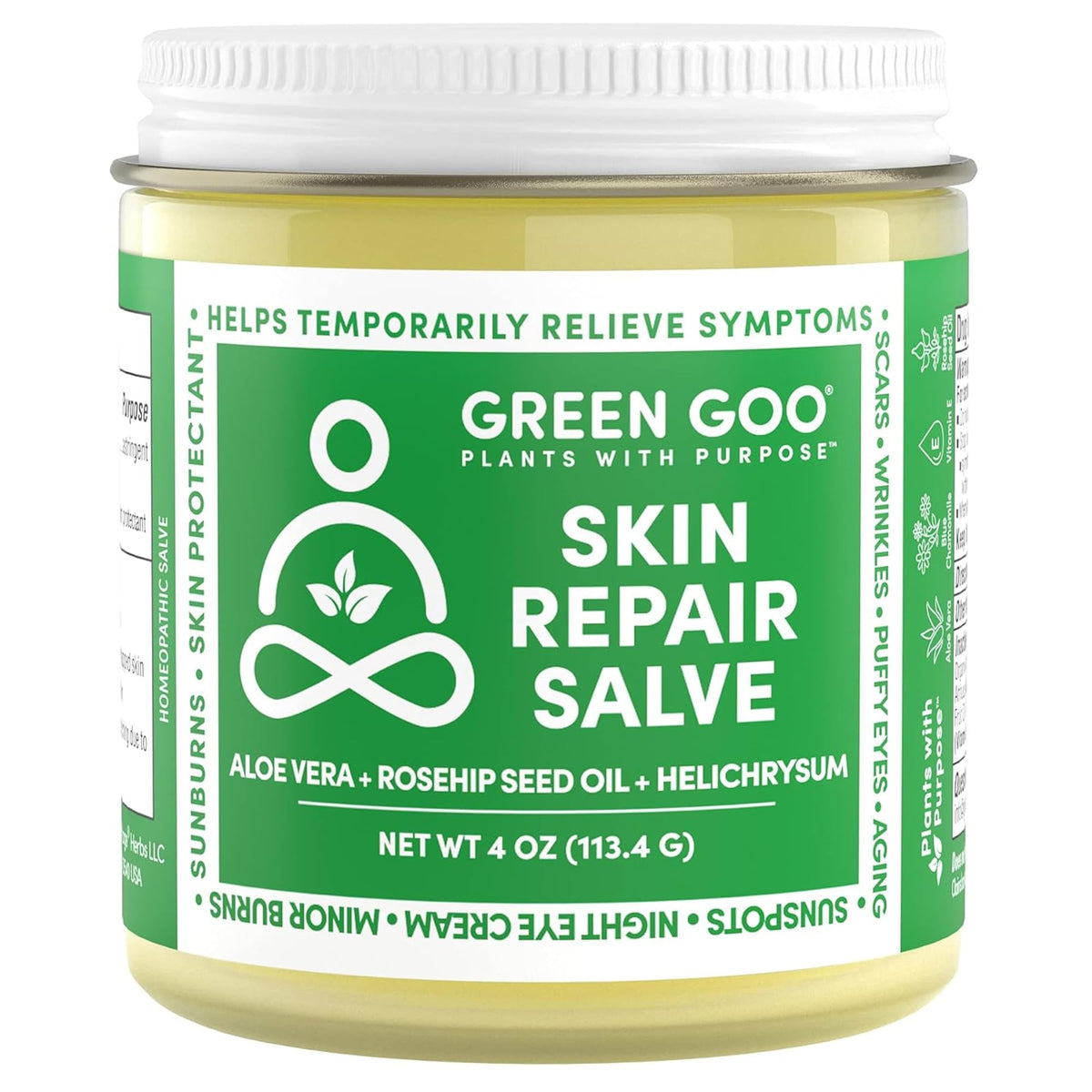 Green Goo jar front view showing product and natural label benefits