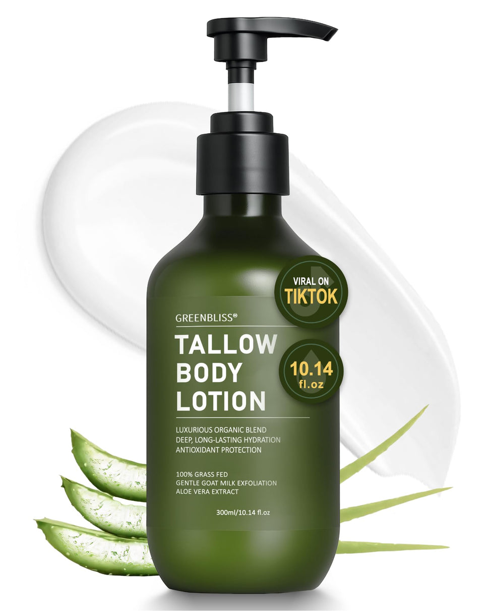 GreenBliss front packaging showing beef tallow lotion, clear usage benefit