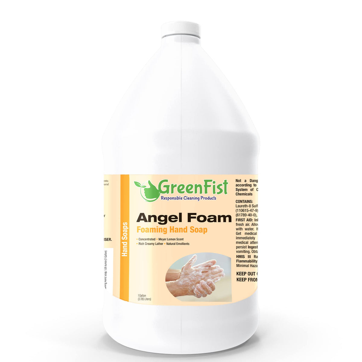 GreenFist gallon front label showing lemon scent and volume, clear product identity and value