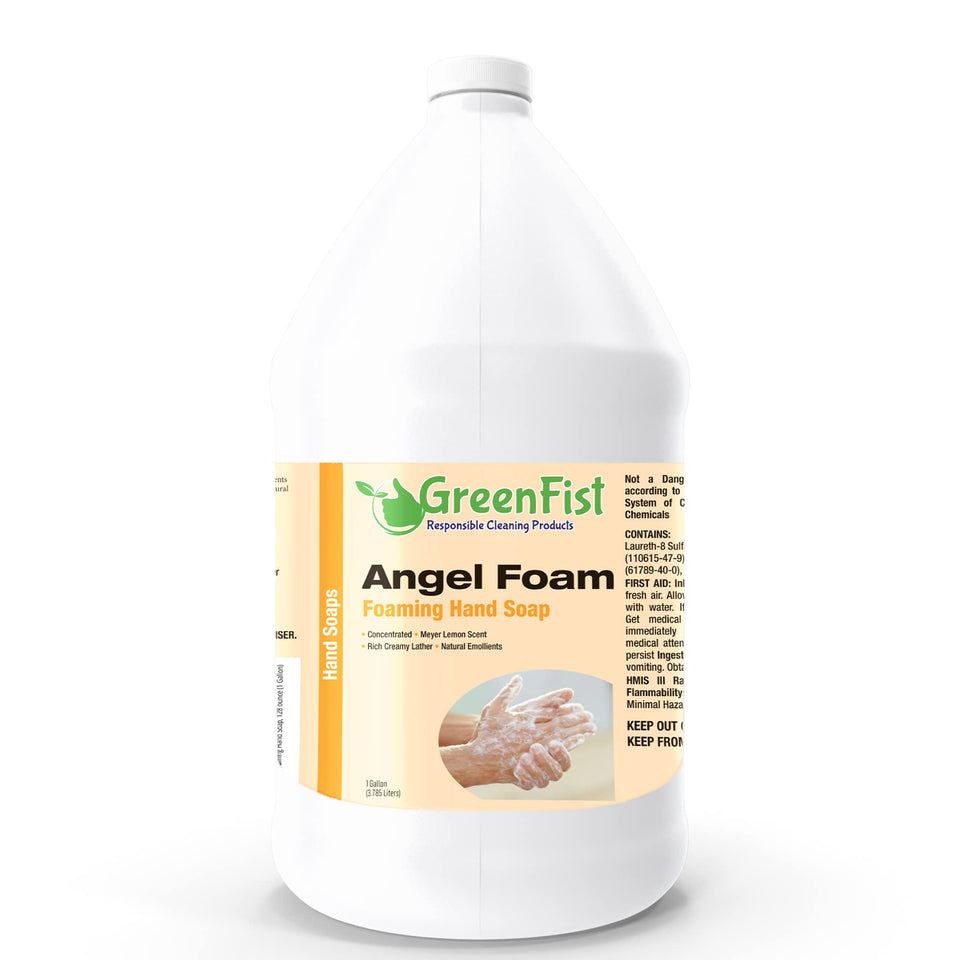 GreenFist gallon front label showing lemon scent and volume, clear product identity and value