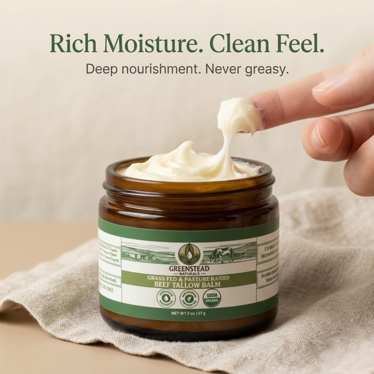 Greenstead Naturals balm texture close-up demonstrating smooth, spreadable consistency