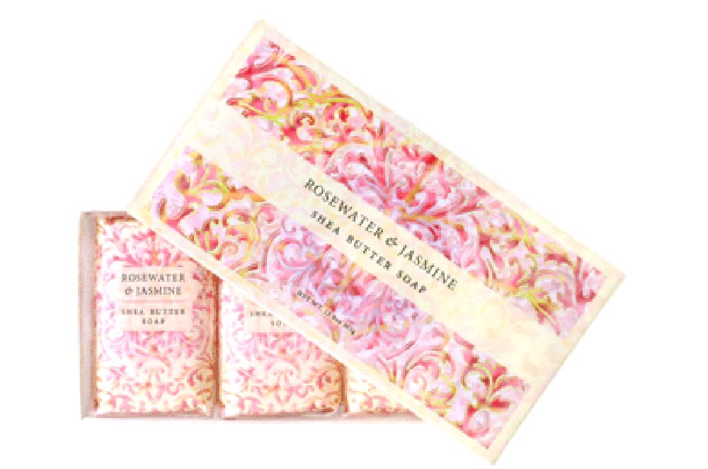 Greenwich Bay Trading Company front packaging showing three wrapped rosewater and jasmine bars, elegant gifting benefit