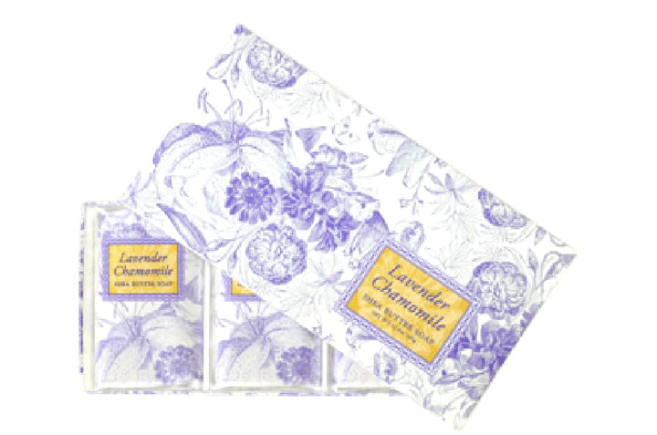 Greenwich Bay Trading Co. soap front packaging showing three bars and calming design, highlights value