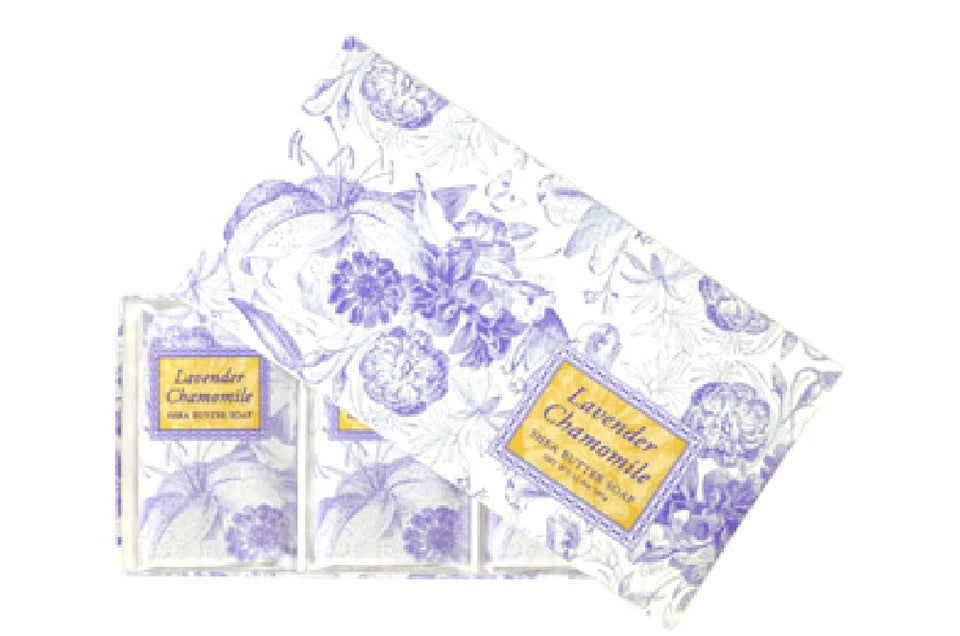 Greenwich Bay Trading Co. soap front packaging showing three bars and calming design, highlights value