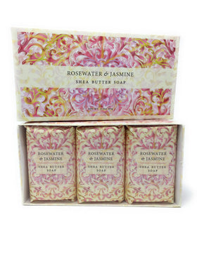 Greenwich Bay Trading Company soap trio staged in bathroom, demonstrates presentation and guest-ready benefit