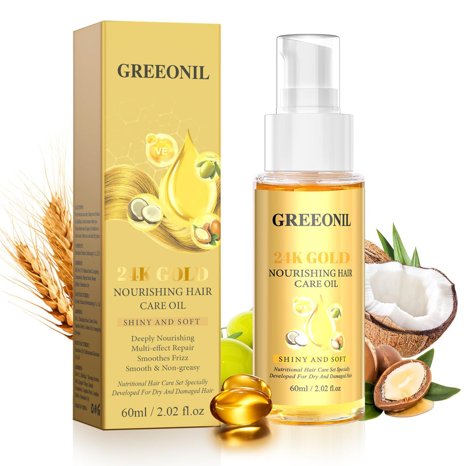 GREEONIL front bottle showing 24K gold serum and brand polish benefit
