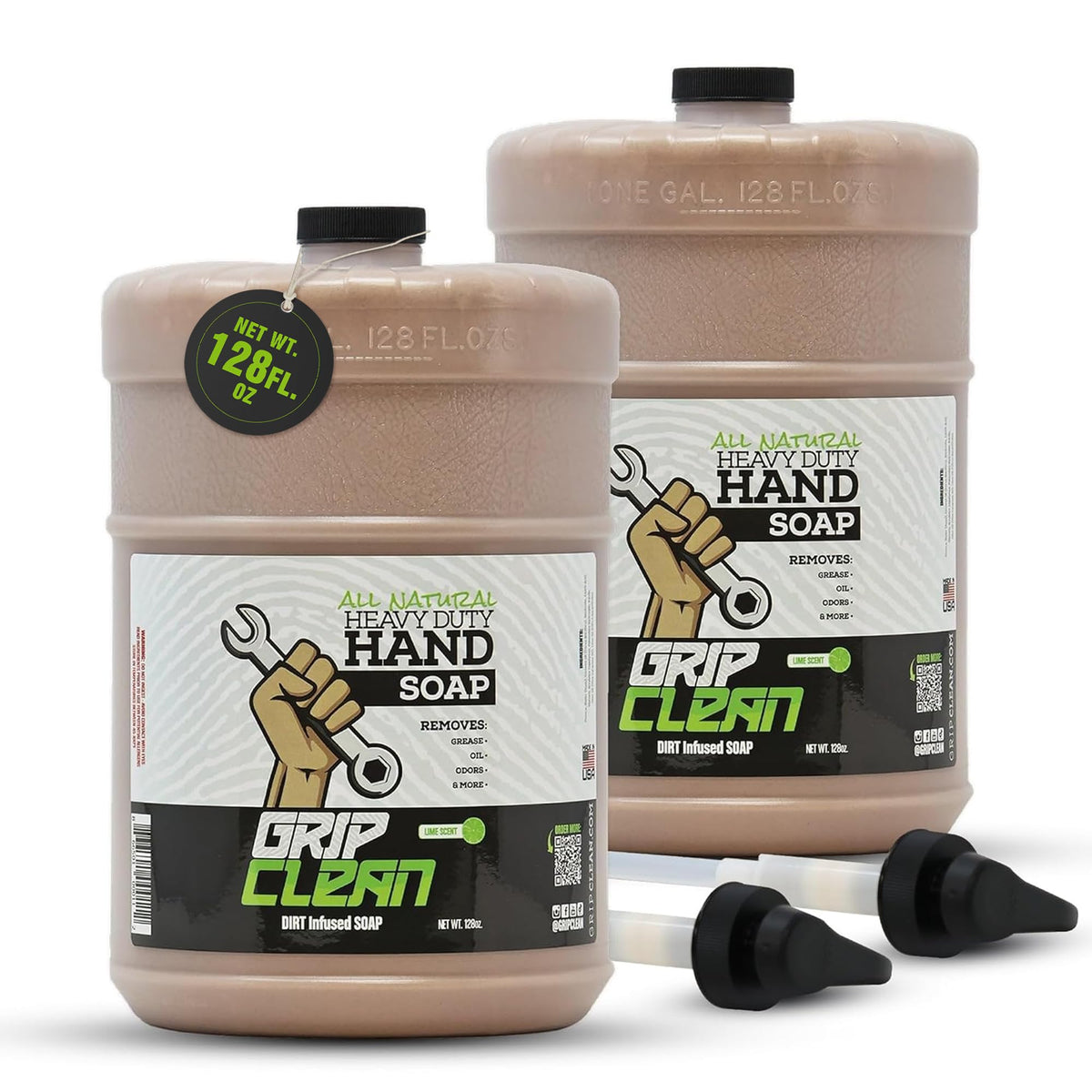 Grip Clean two-gallon jug front label showing product benefits and capacity