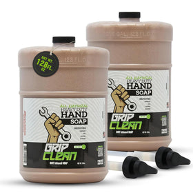 Grip Clean two-gallon jug front label showing product benefits and capacity