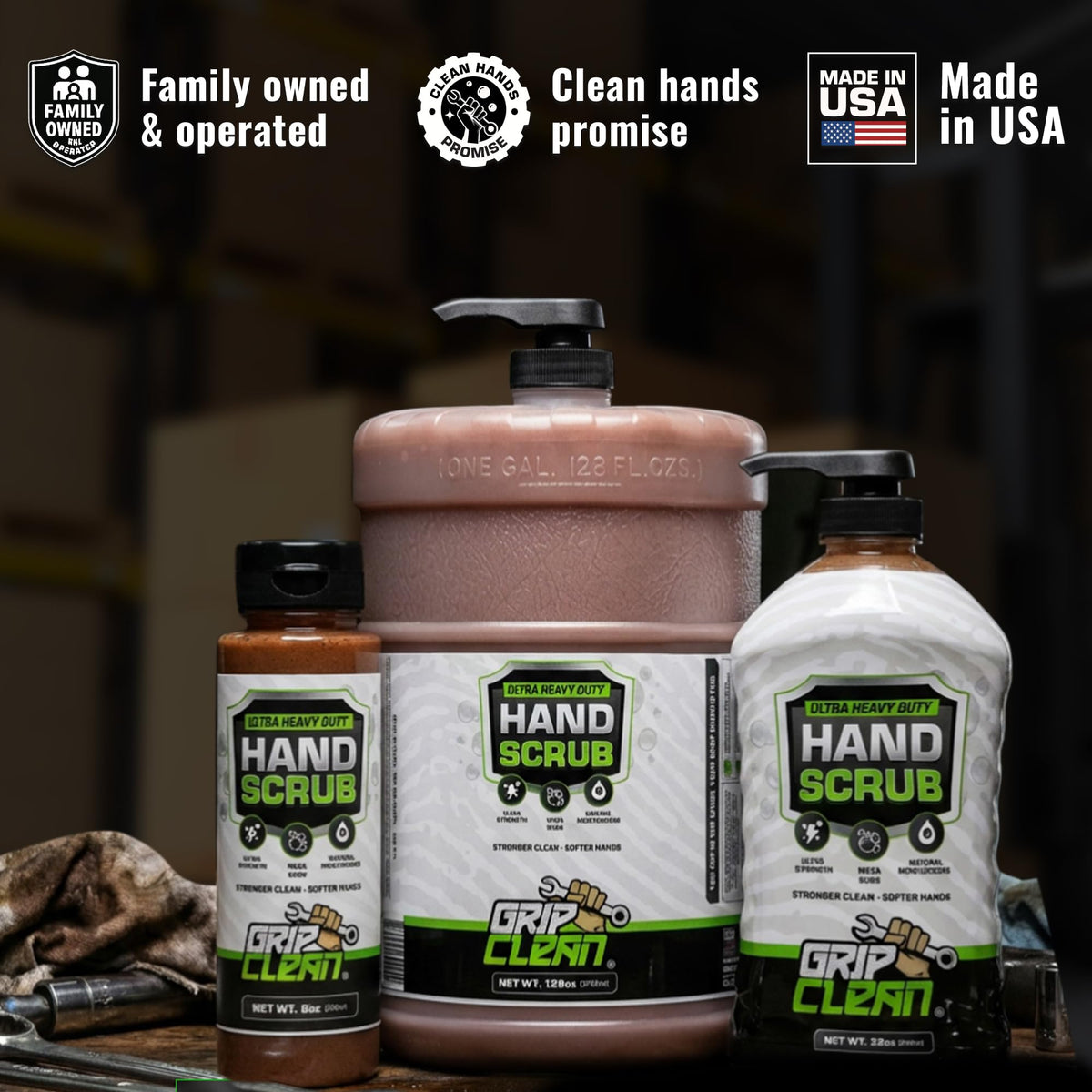 Grip Clean bottle on a workbench portraying reliable shop placement