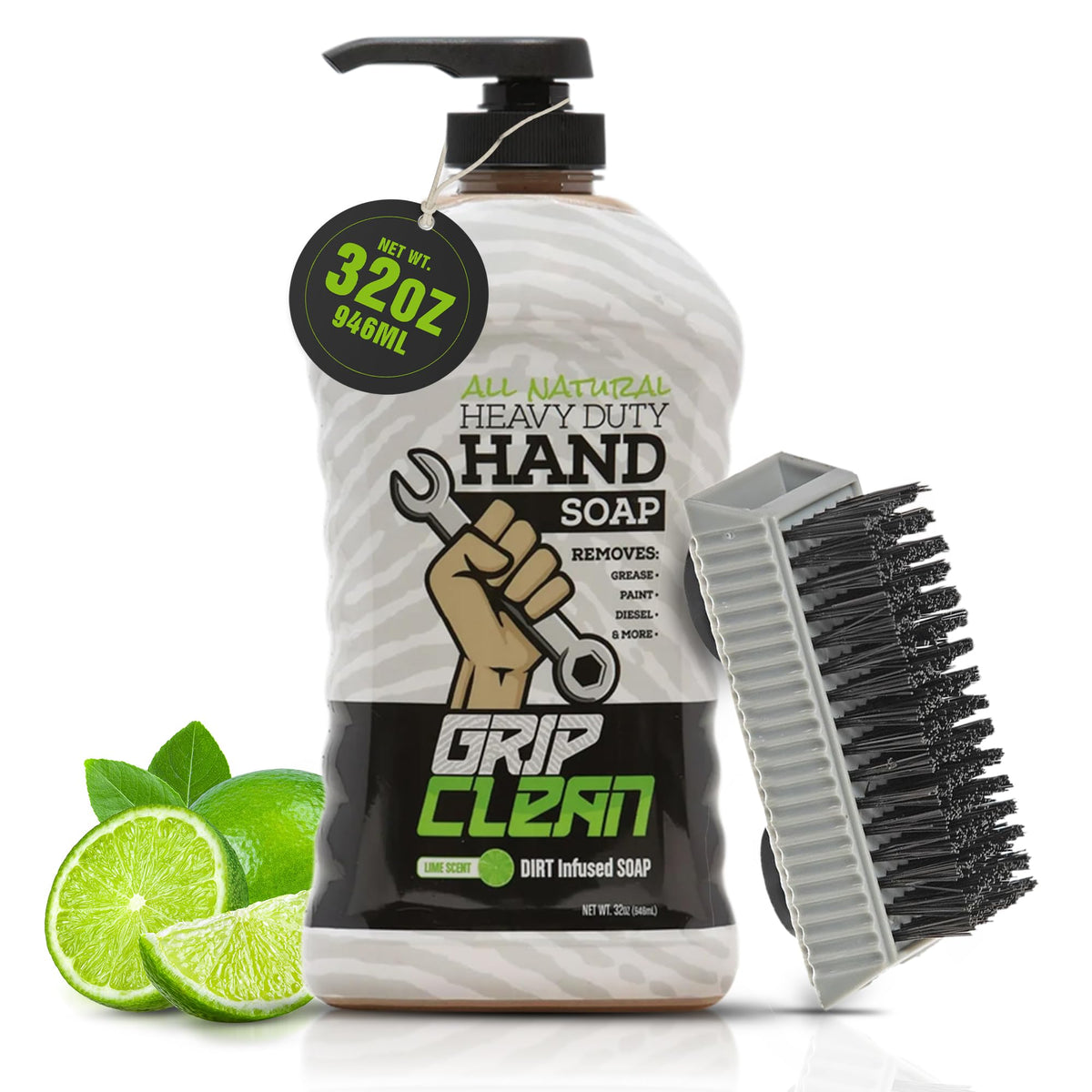 Grip Clean front packaging 32oz pump showing durable mechanic hand cleaner benefit