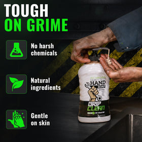 Grip Clean hands in garage using soap showing fast grease removal benefit