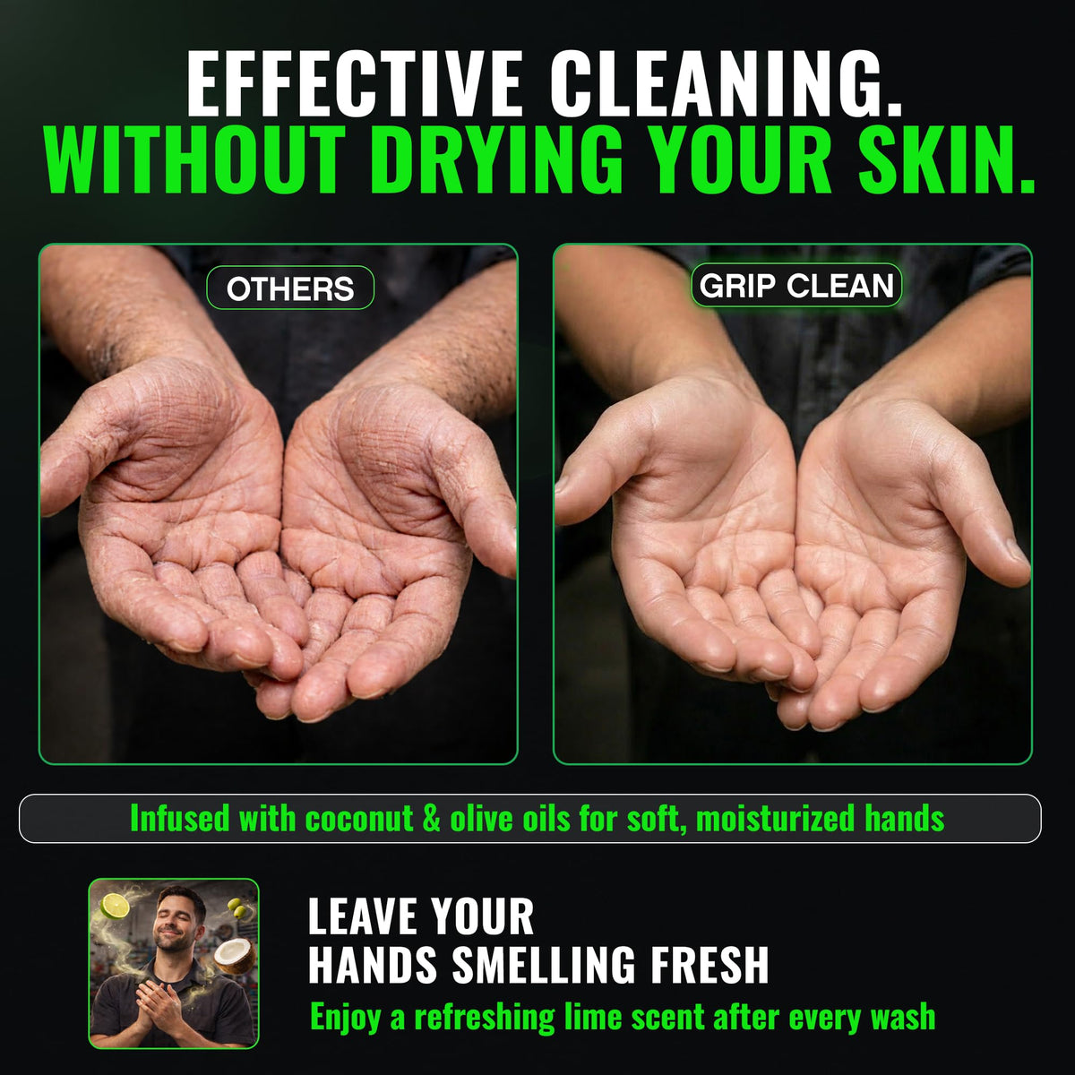 Mechanic washing hands with Grip Clean removing oil and grease effectively