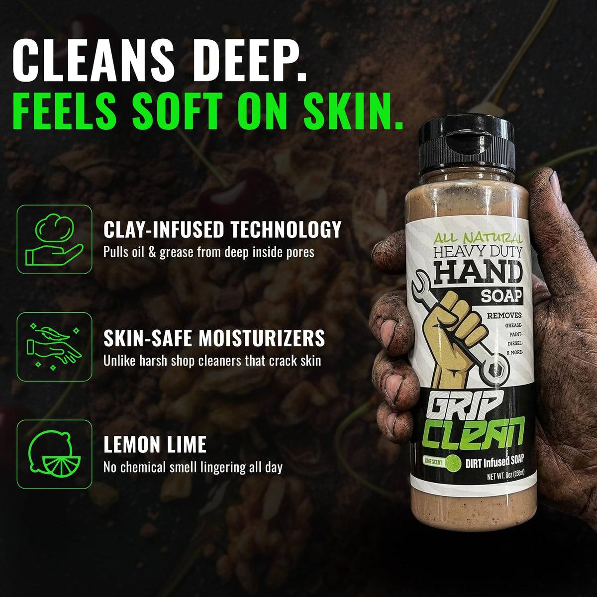 Grip Clean texture with pumice and clay close-up showing abrasive action