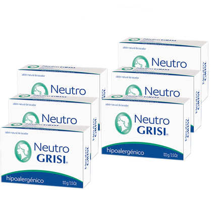 grisi neutral soap front packaging showing six 3.5 oz bars, gentle cleansing benefit