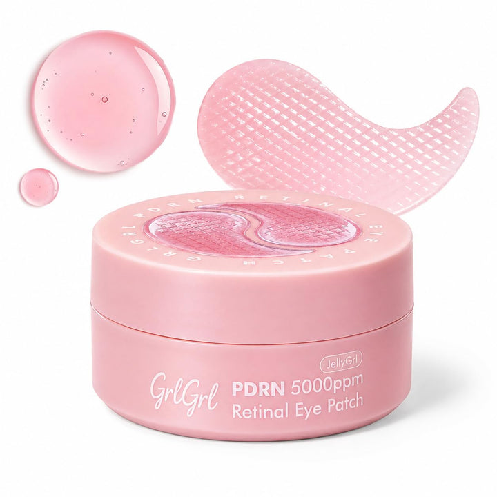 GrlGrl front packaging of PDRN eye patches showing 60 pieces and benefits