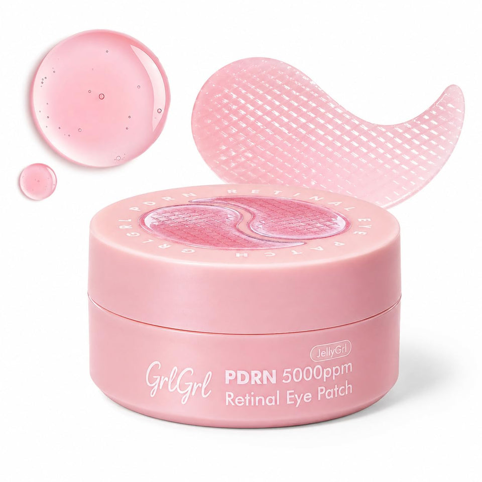 GrlGrl front packaging of PDRN eye patches showing 60 pieces and benefits