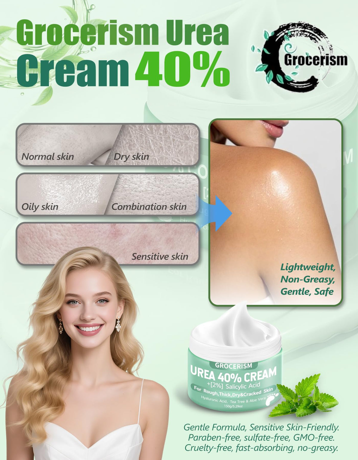 Grocerism applying cream to hand showing smoother skin benefit