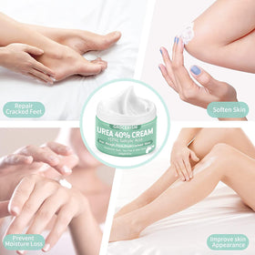 Grocerism applying cream to heel to soften calluses and hydrate skin