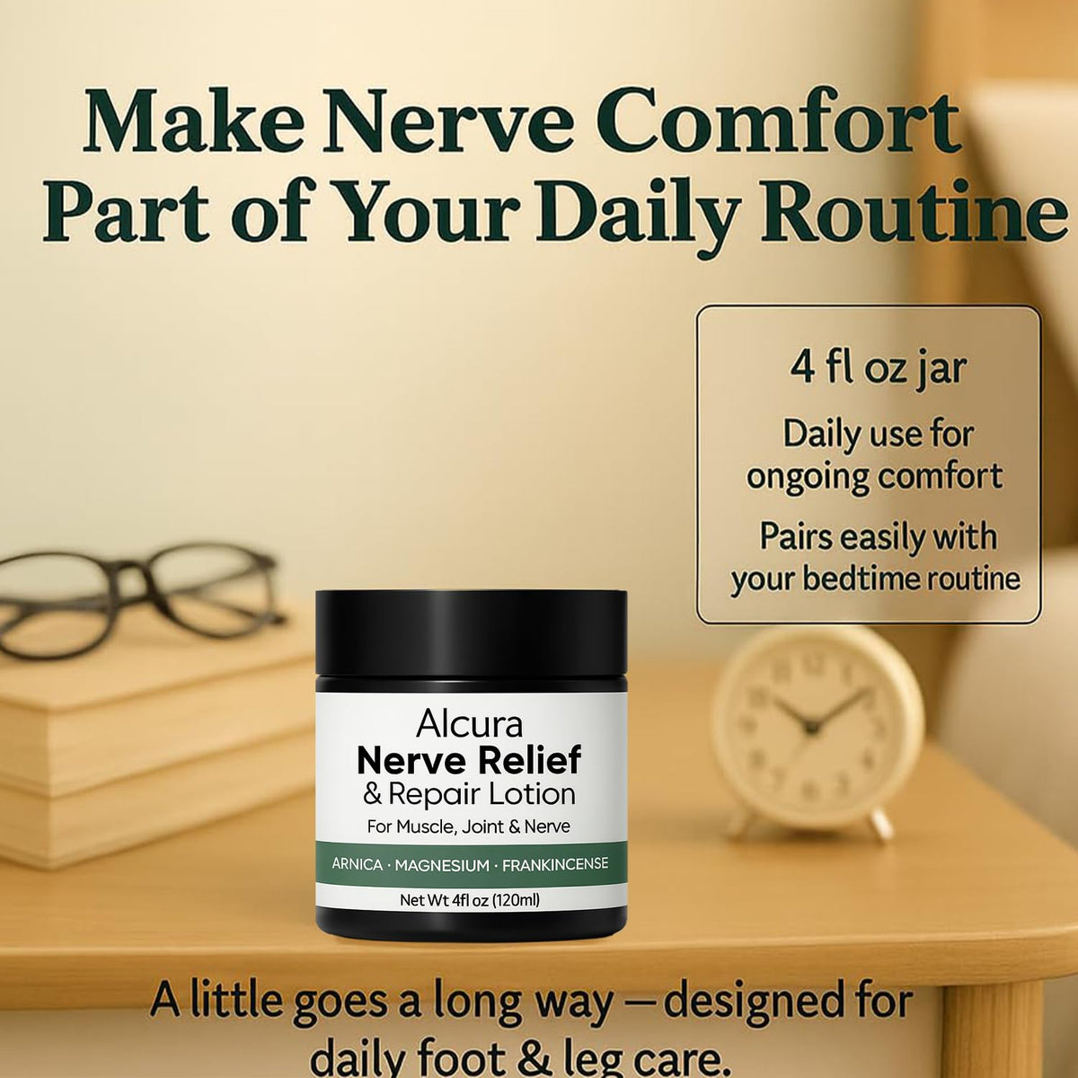 GROHESE Alcura tube beside bed and book, suggesting nightly routine convenience