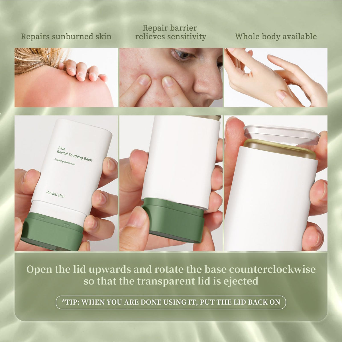 Grospe used after sun at beach scene to soothe and hydrate sun-exposed skin