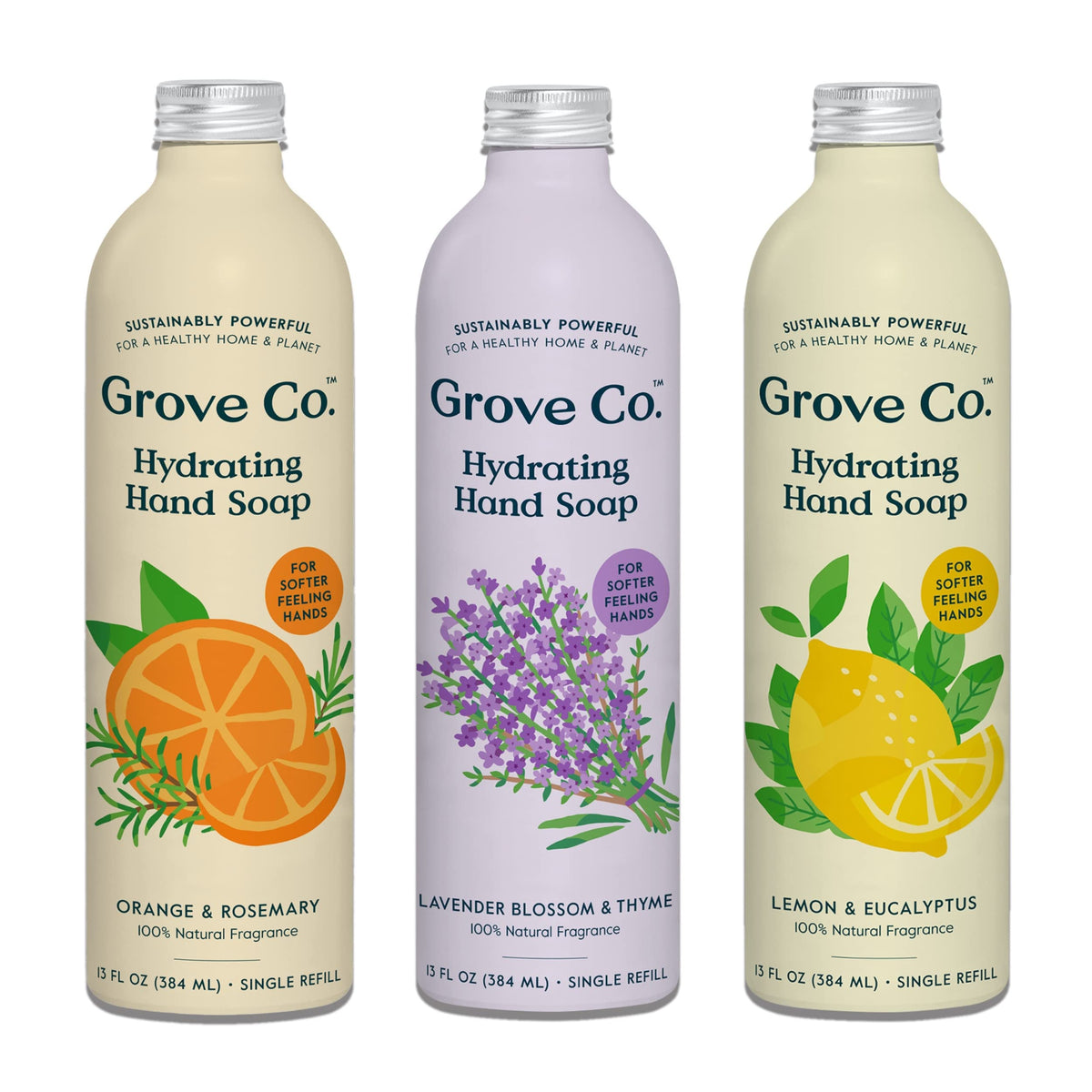 Grove Co. front view of three refill cans showing variety pack and eco packaging benefiting waste reduction