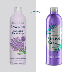 Grove Co. close-up of pouch material and spout highlighting spill-free pour benefit