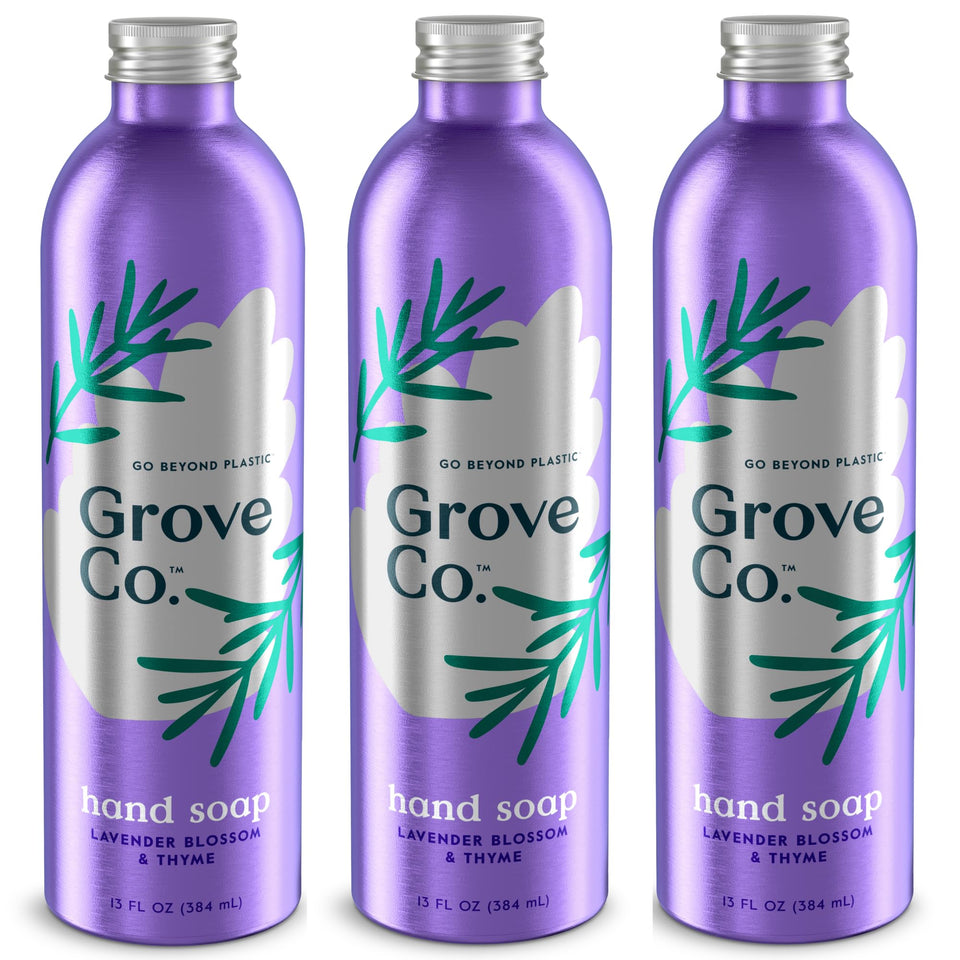 Grove Co. three refill pouches front view showing compact packaging and easy storage benefit