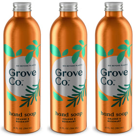 Grove Co. front packaging of orange and rosemary refill showing sustainable benefits