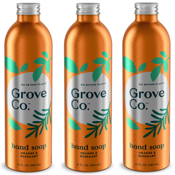 Grove Co. front packaging of orange and rosemary refill showing sustainable benefits