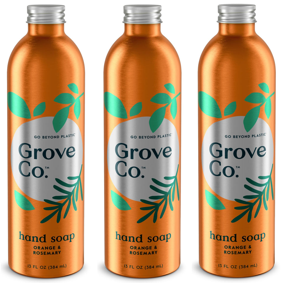 Grove Co. front packaging of orange and rosemary refill showing sustainable benefits