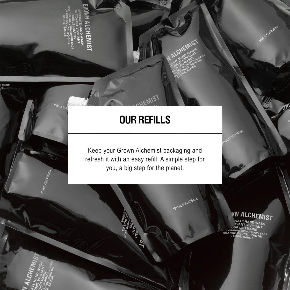 Grown Alchemist recyclable pouch detail emphasizing reduced plastic waste