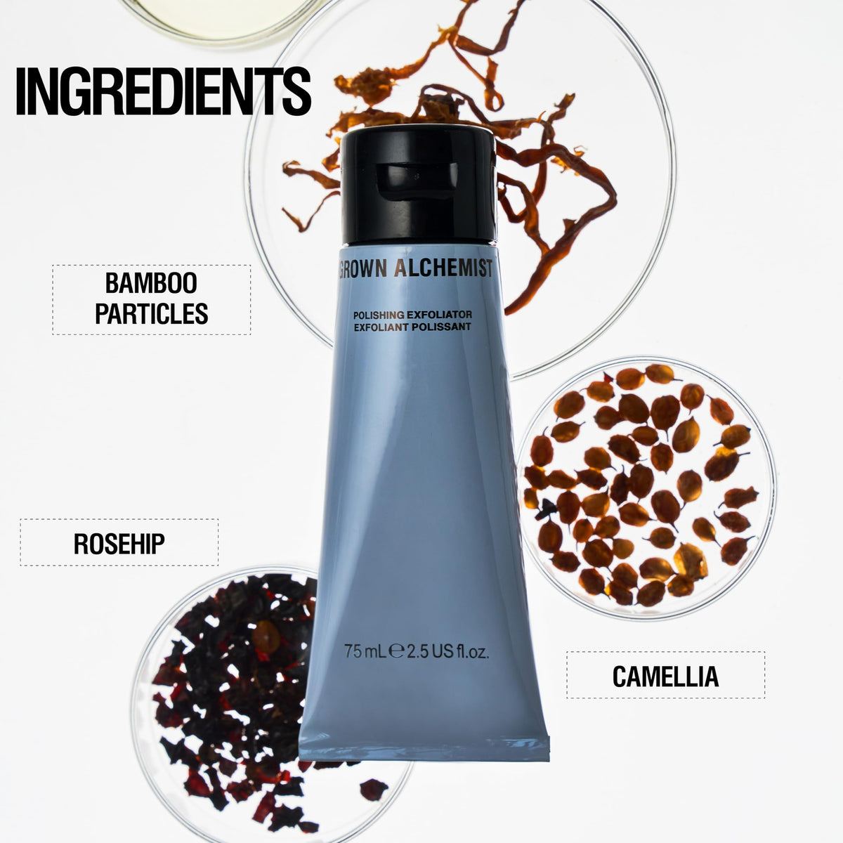 Grown Alchemist product on bathroom shelf within skincare routine, supports daily use