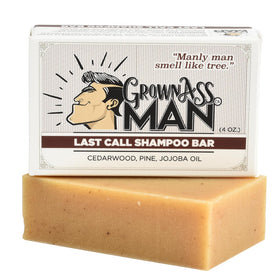 Grown Ass Man Co. front packaging of solid shampoo bar showing eco-friendly design and bold scent benefit