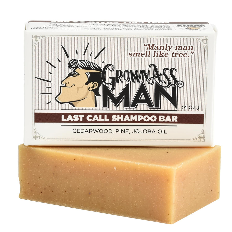 Grown Ass Man Co. front packaging of solid shampoo bar showing eco-friendly design and bold scent benefit