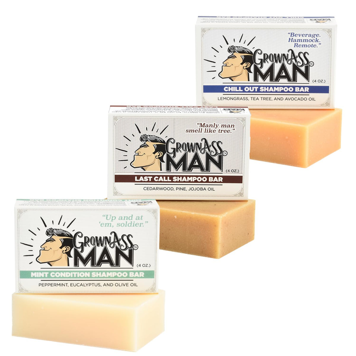 Grown Ass Man Co. front packaging showing bar and eco-friendly box benefit