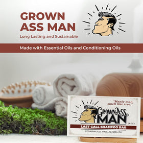 Grown Ass Man Co. shampoo bar in use washing beard and hair highlighting conditioning action