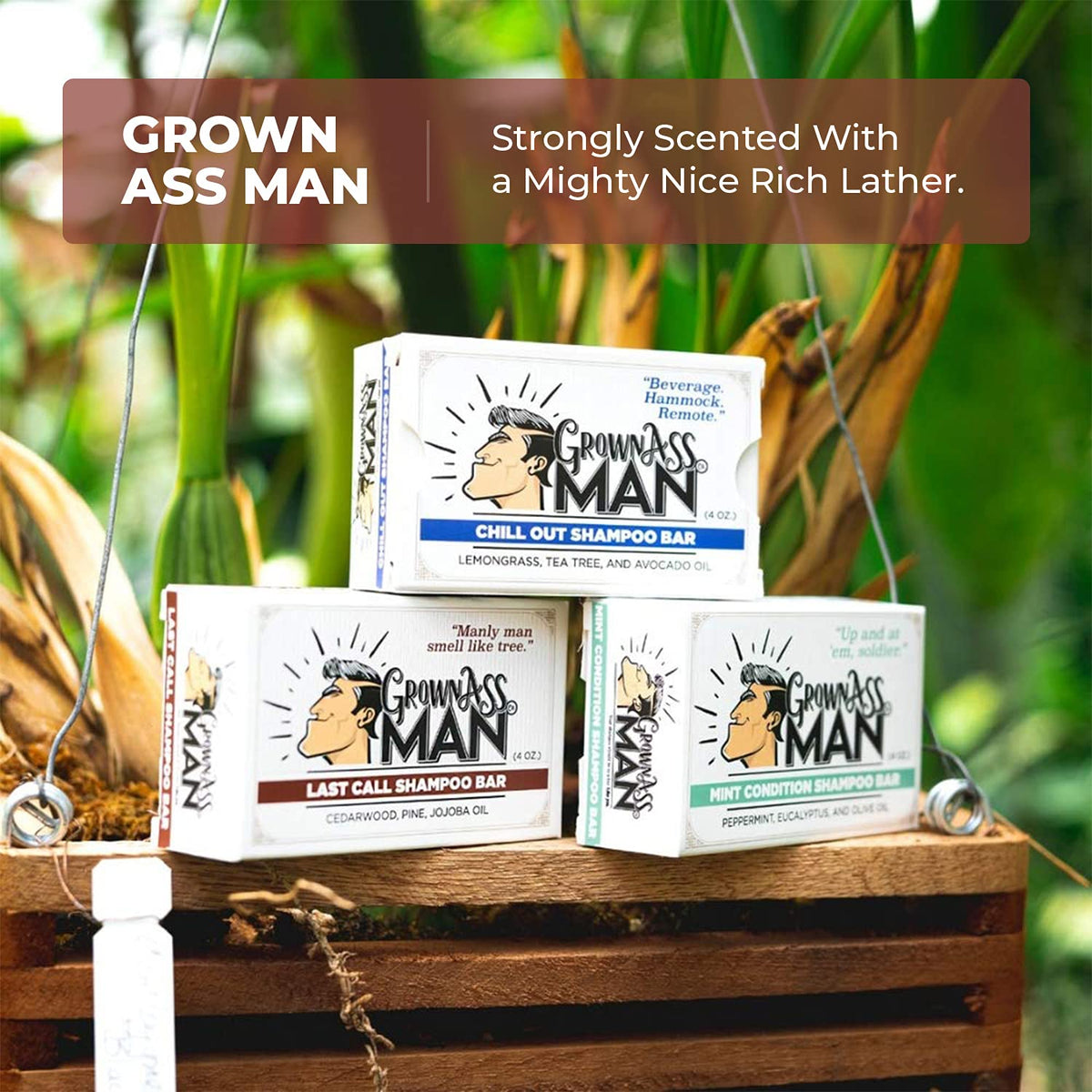 Grown Ass Man Co. product label and ingredient list detail emphasizing natural and organic components
