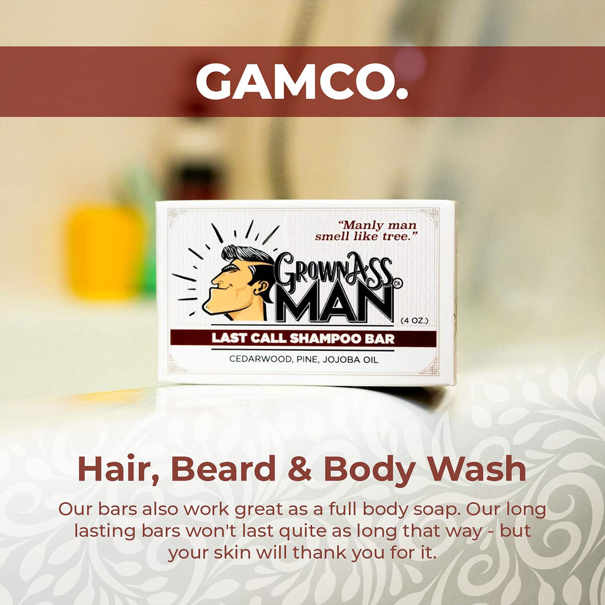 Grown Ass Man Co. 4oz bar beside a standard shampoo bottle illustrating compact, plastic-free benefit
