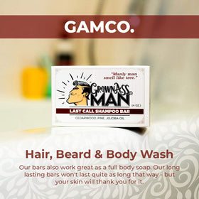 Grown Ass Man Co. 4oz bar beside a standard shampoo bottle illustrating compact, plastic-free benefit