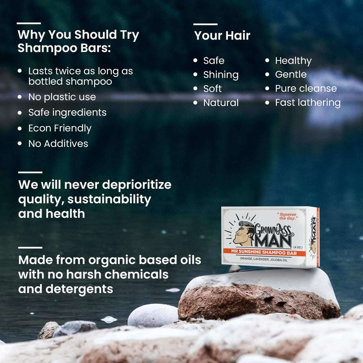Grown Ass Man Co. Mister Sunshine in shower lifestyle scene emphasizing plastic-free routine