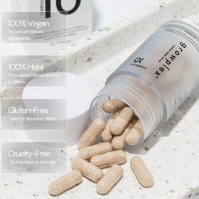 GROWPLEX bottle open on tabletop showing capsule quantity inside