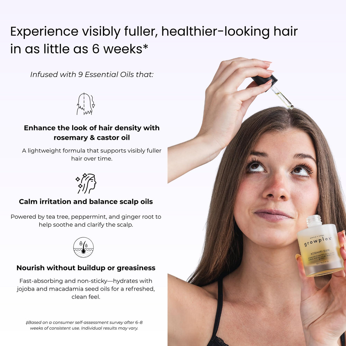 GROWPLEX rosemary elixir close-up of ingredient panel, highlights clean, paraben-free formula