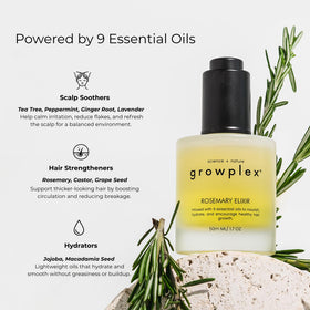 GROWPLEX rosemary elixir on bathroom shelf in a calm routine scene, conveys everyday self-care