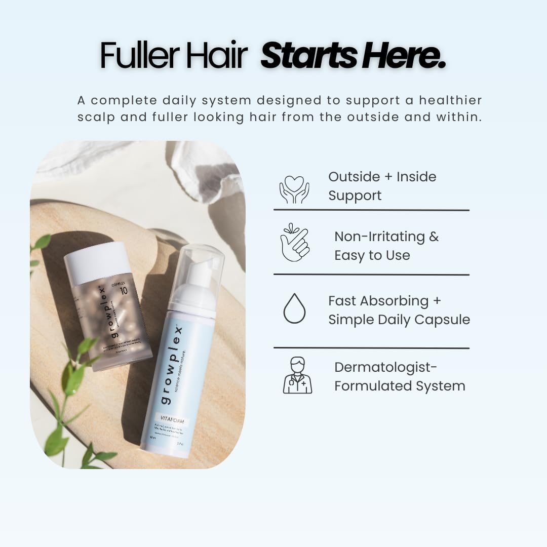 GROWPLEX Vitafoam applied to scalp demonstrating non-greasy finish