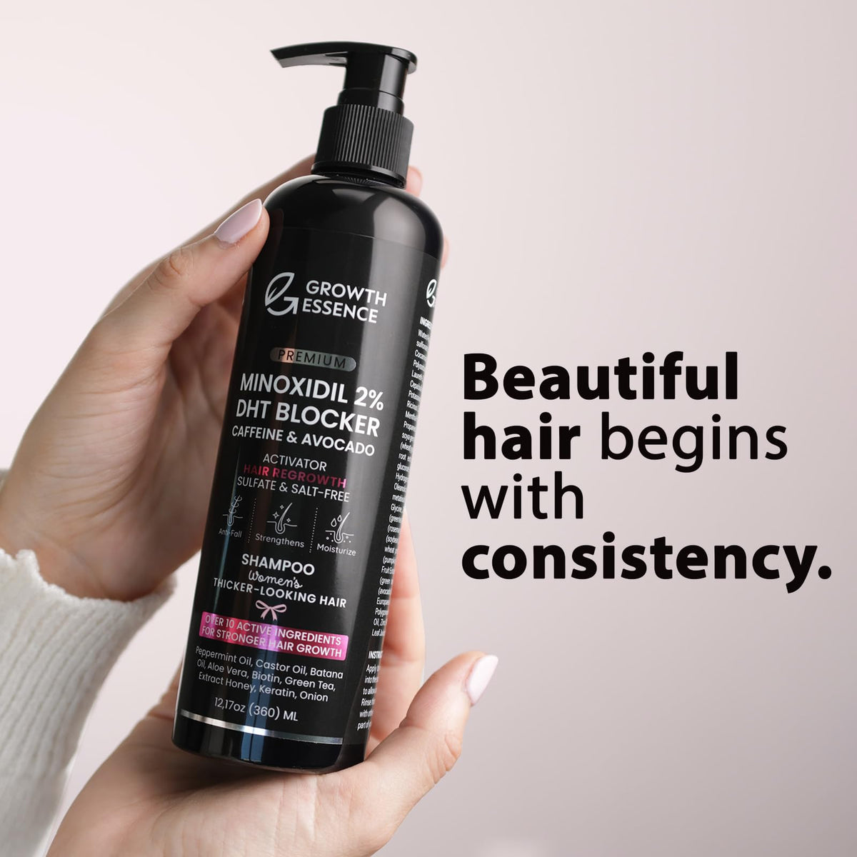 Growth Essence before and after comparison showing improved hair fullness appearance